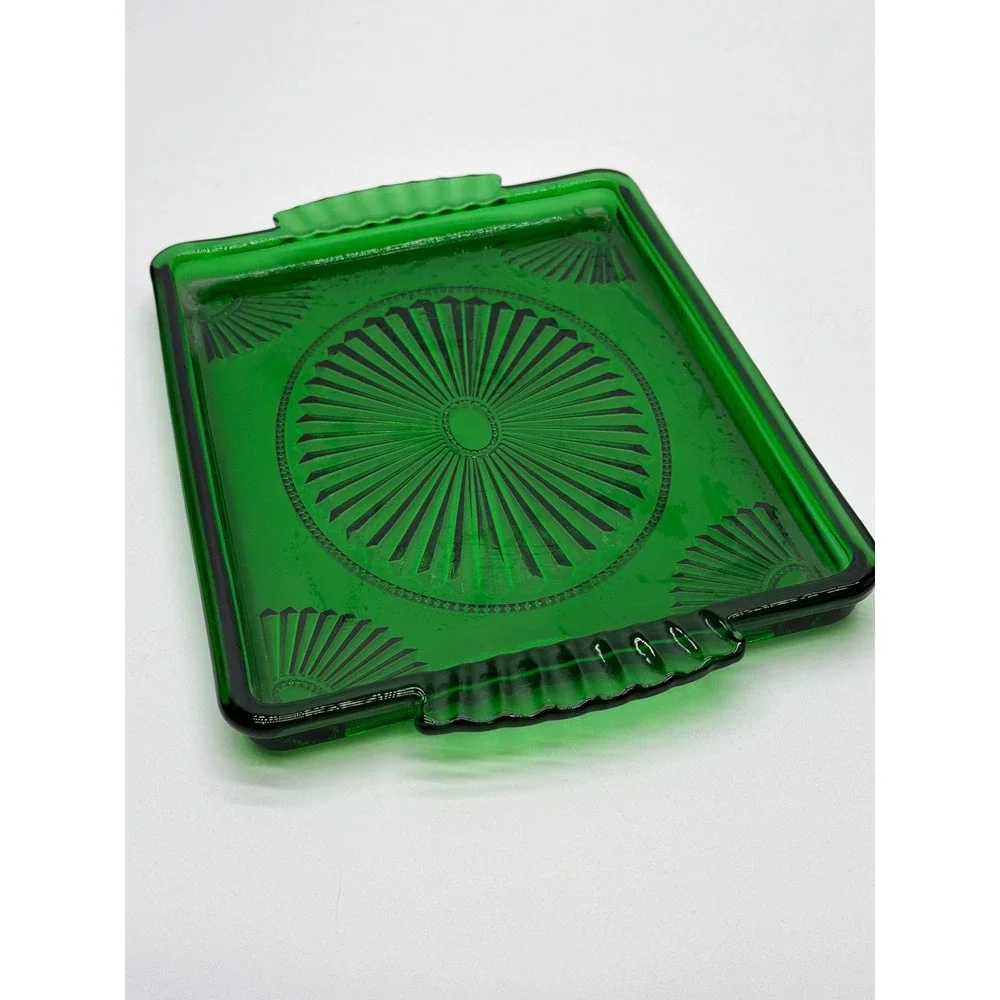 Vintage Emerald Green Depression Glass Sunburst Fan Tray Art Deco Tab Handles